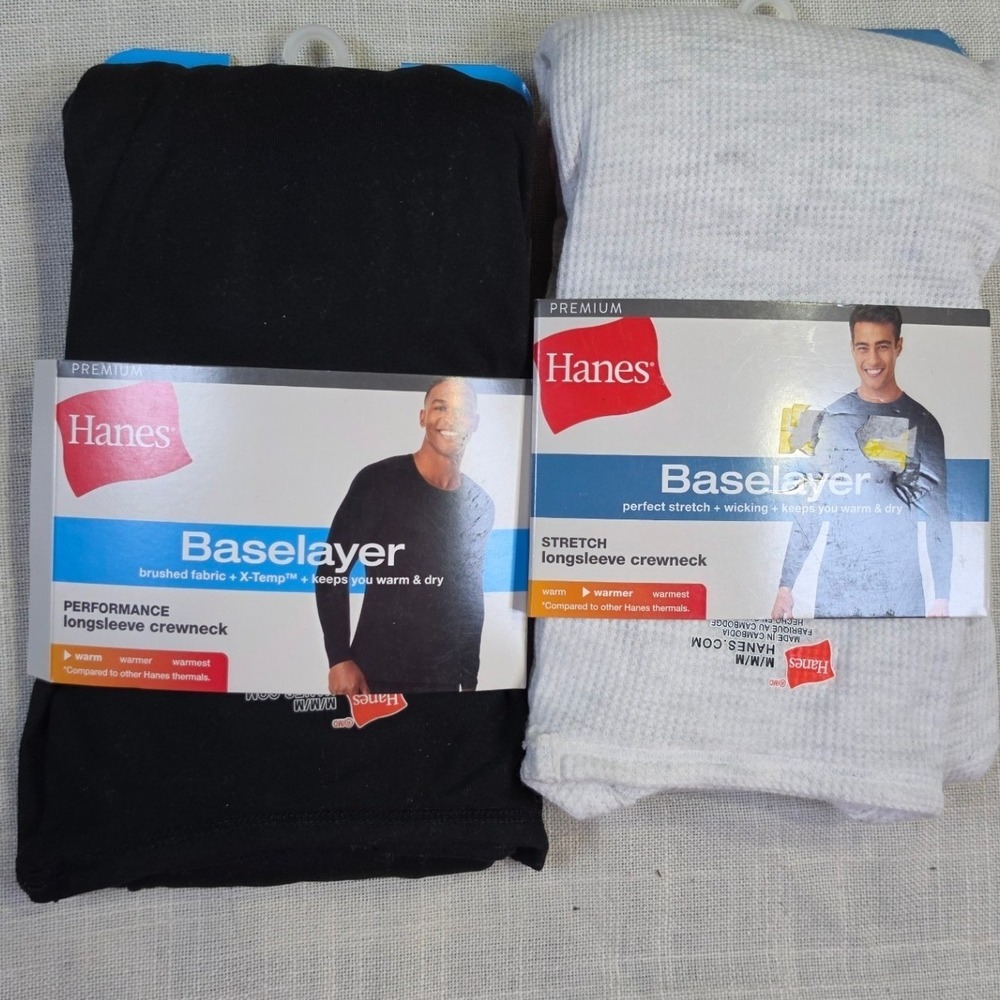 Hanes Premium Mens Baselayer Long Sleeve Crewneck Set Black White Medium 2pk